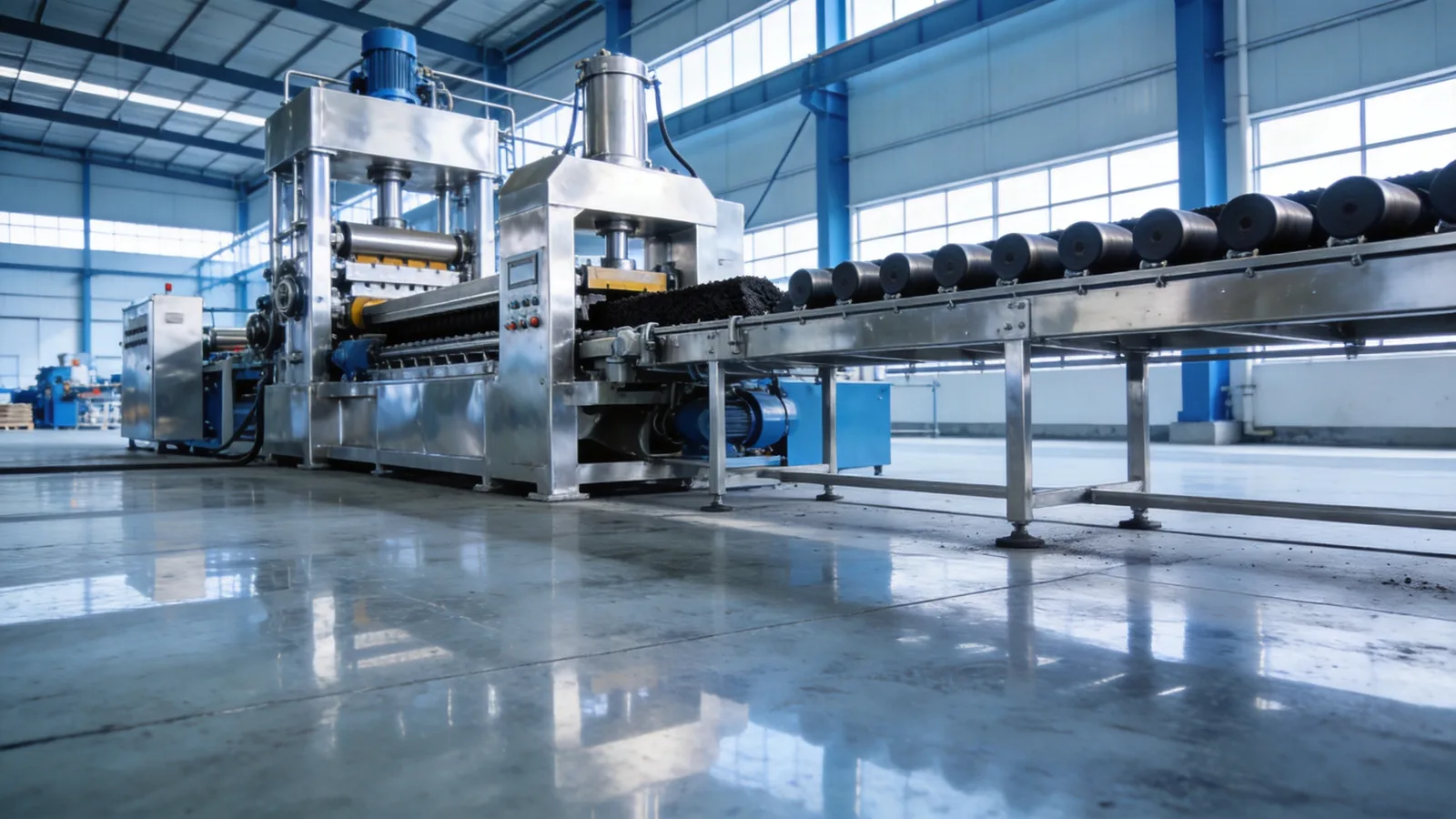 Modern charcoal briquette press production line in a clean factory hall — conceptual illustration